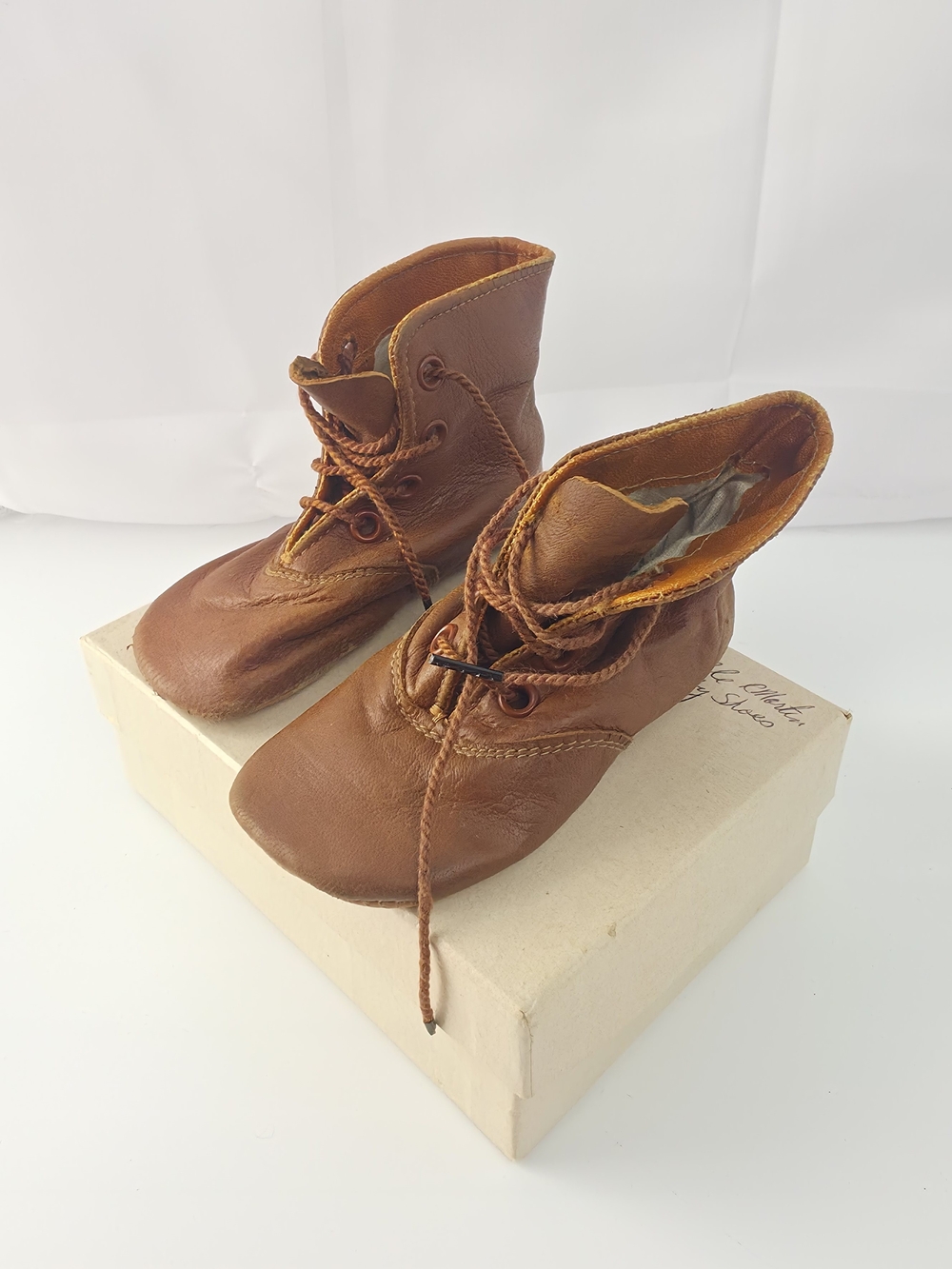 Vintage Soft Brown Leather Lace Up Baby Booties Shoes